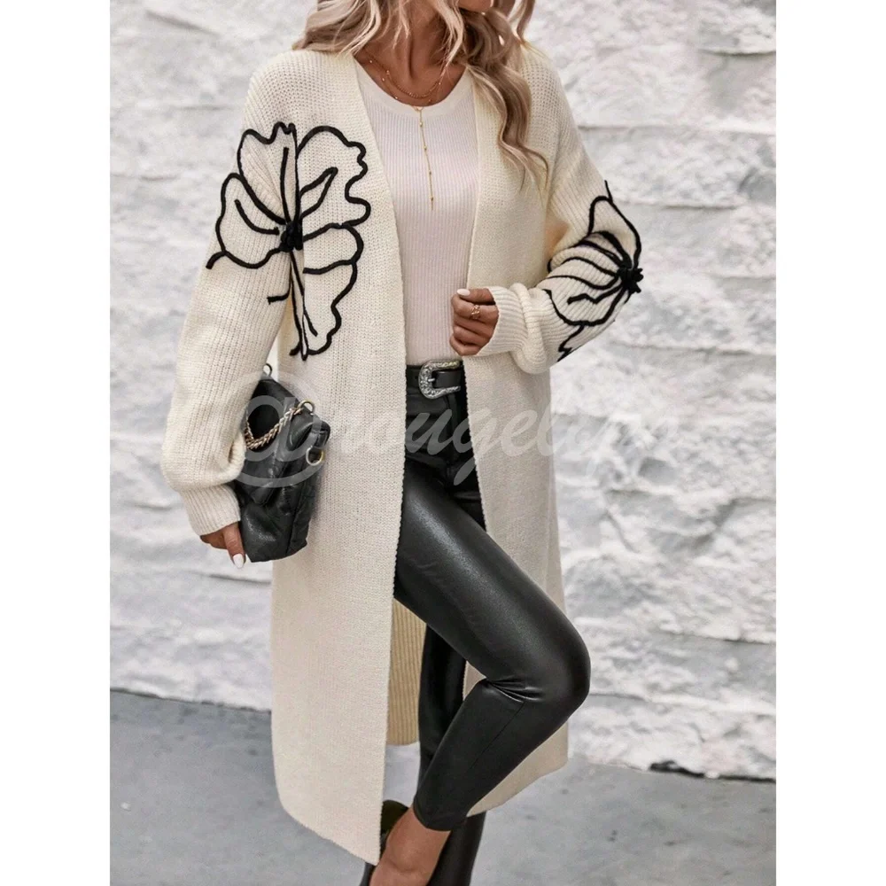 Off White Long Duster Cardigan Knit Black Flower Appliqué - Picture 1 of 10